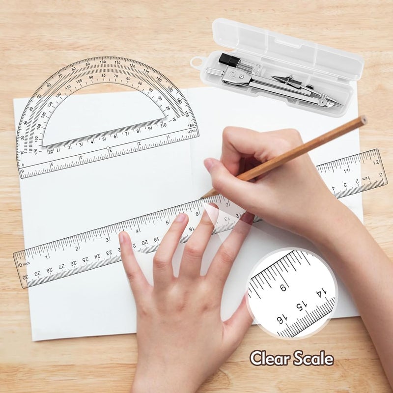CNTVO 3 Pcs Plastic 12 Inch Ruler, Clear Protractor and Compasses Set for Student Geometry, Durable Transparent Drawing Measuring Rulers for School Office - Image 4